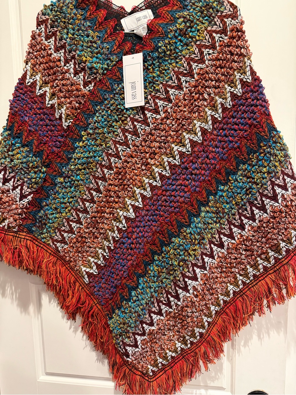 Joan Vass Multicolor Zigzag Fringe Knit Poncho-NWT